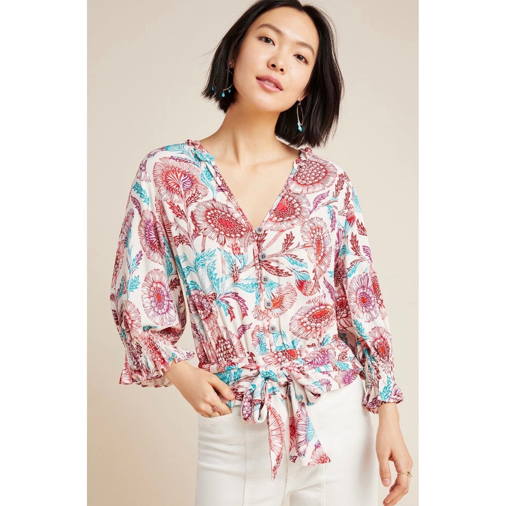 Anthropologie Tugboat Saraya Blouse Medium Floral Tie Front Boho‎ Peasant Top
